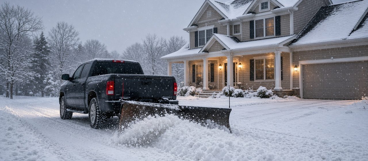 A dark pickup with a plow blade at its rear pushing snow down a driveway in front of a two-story house with lit windows and snow on the roof, in Waukee, Iowa