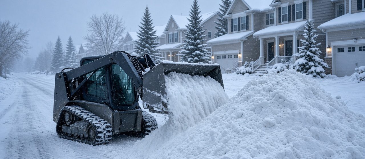 A tracked skid steer pushing snow into a tall pile beside a residential street lined with two-story houses and evergreen trees in falling snow, in Waukee, Iowa