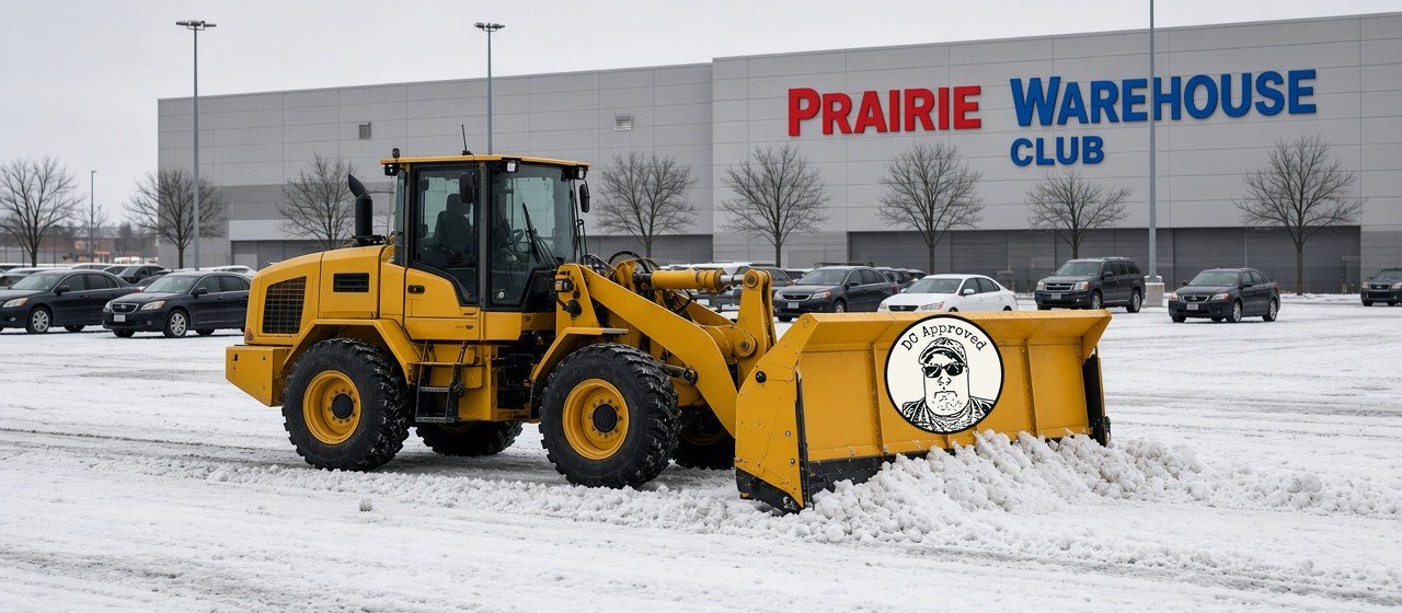 A yellow wheel loader with a DC Approved snow pusher clearing a big store parking lot, in Waukee, Iowa