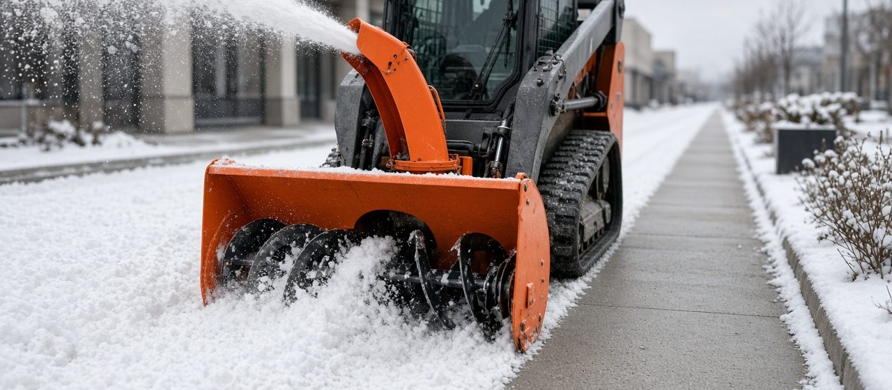 An orange snow blower attachment on a tracked loader throwing snow beside a long cleared sidewalk, in Waukee, Iowa