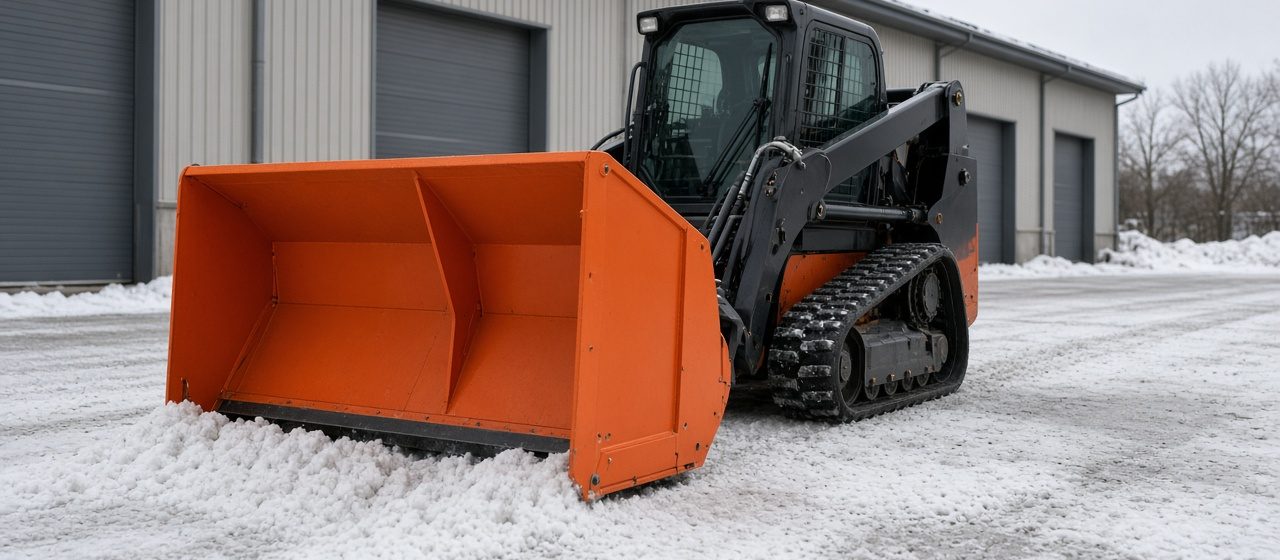 An orange snow pusher with tall side panels on a black tracked loader in front of a metal warehouse, in Waukee, Iowa