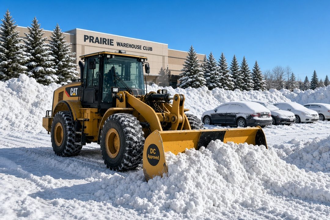 A yellow wheel loader with a DC Approved plow pushing a big pile of snow in a store parking lot under a blue sky, in Waukee, Iowa