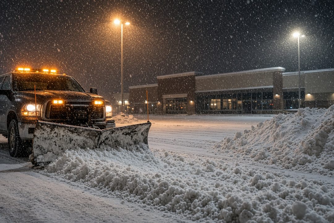 A dark pickup with amber lights and a front plow blade pushing snow across a parking lot at night, with tall pole lights, a storefront building and a snow pile behind it, in Waukee, Iowa