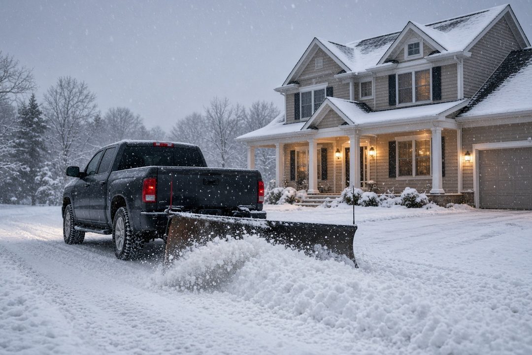 A dark pickup with a plow blade at its rear pushing snow down a driveway in front of a two-story house with lit windows and snow on the roof, in Waukee, Iowa