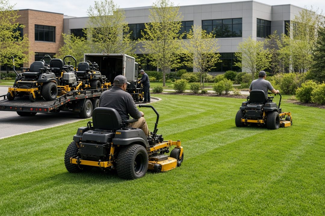 Landscape workers on yellow and black zero-turn mowers cutting a green lawn at an office park, with a trailer of mowers behind them, in Waukee, Iowa
