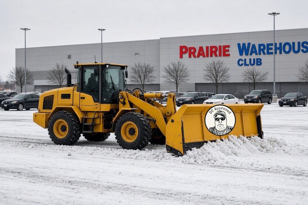A yellow wheel loader with a DC Approved snow pusher clearing a big store parking lot, in Waukee, Iowa