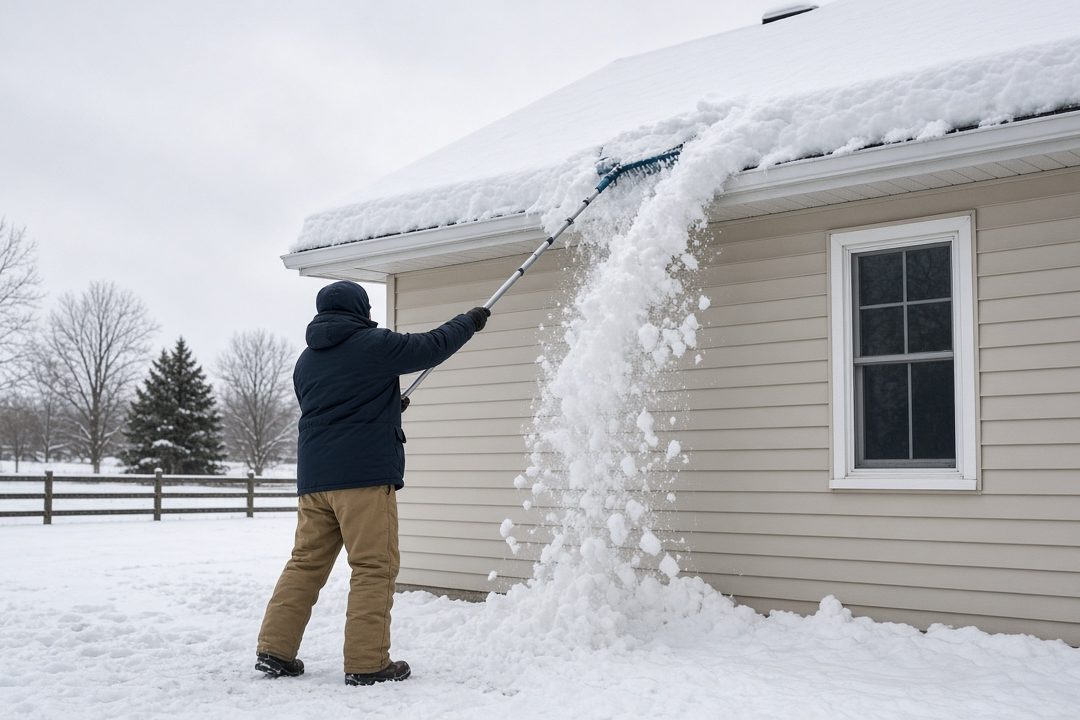 A person standing on the ground pulling snow off the roof edge of a house with a long roof rake, in Waukee, Iowa