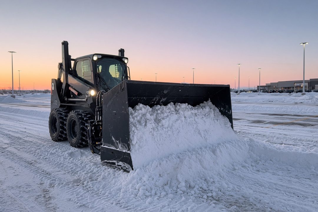 A black snow pusher box on a wheeled skid steer pushing snow across a big parking lot at dawn, in Waukee, Iowa