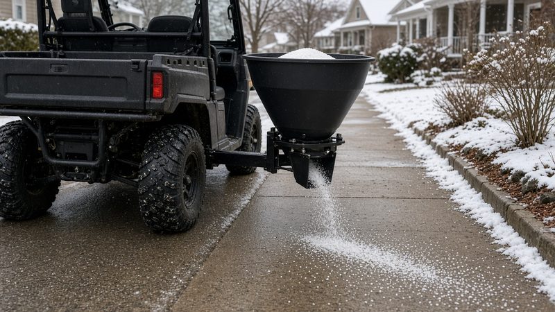 A black cone-shaped spreader on the back of a utility vehicle spreading salt on a sidewalk, in Waukee, Iowa