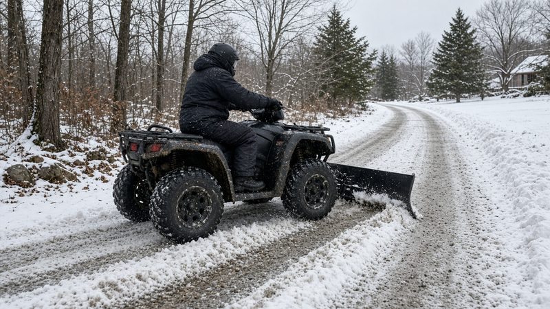 A rider on an ATV with a front plow blade clearing a snowy gravel lane through the woods, in Waukee, Iowa