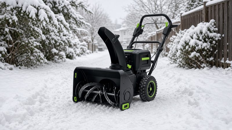 A black battery-powered two-stage snow blower with green trim on a snowy path between snow-covered shrubs and a fence, in Waukee, Iowa