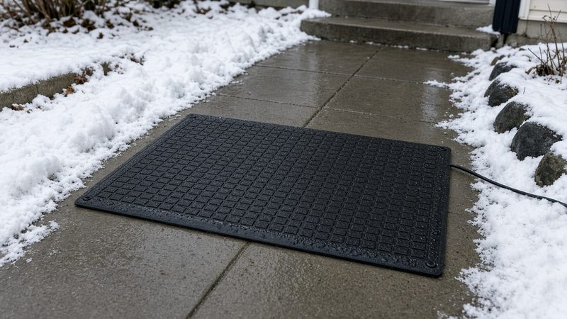 A black rubber mat on a wet, clear concrete walkway with snow on both sides and a cord running off the side, in Waukee, Iowa