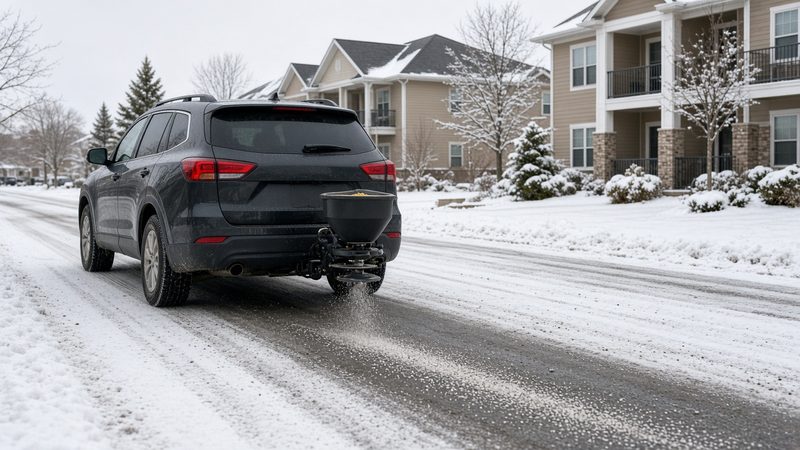A dark SUV with a small black salt spreader on its rear hitch spreading salt on a snowy street by apartment buildings, in Waukee, Iowa