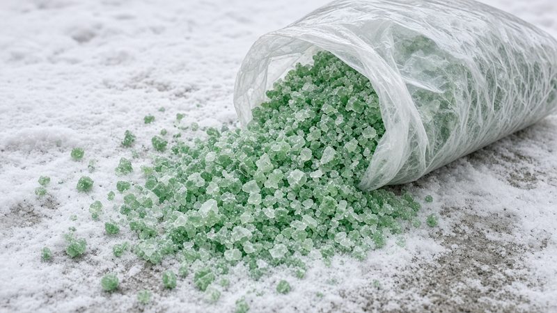 A clear bag of green ice melt crystals spilling onto snowy ground, in Waukee, Iowa