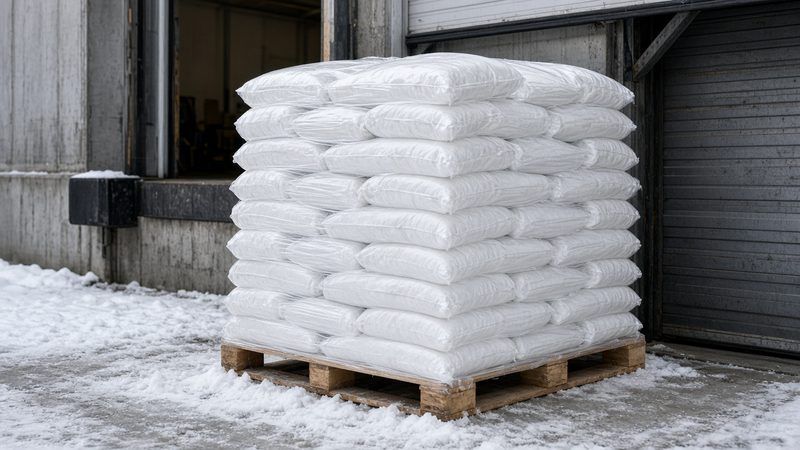 A wooden pallet stacked with plain white bags beside a loading dock door, in Waukee, Iowa