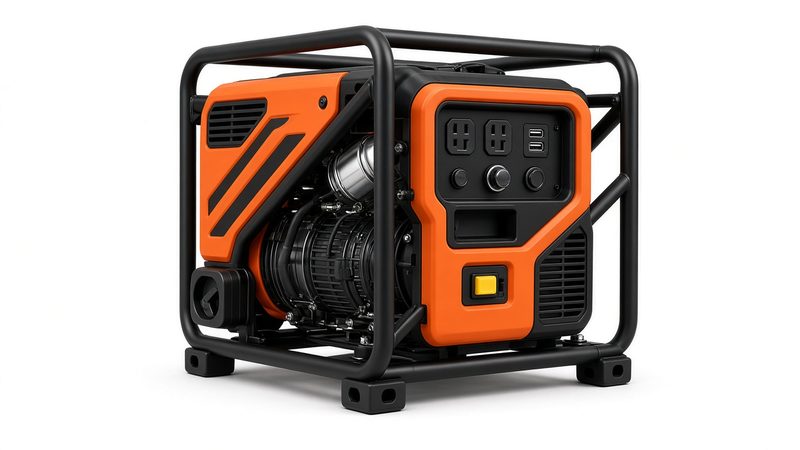 An orange and black open-frame inverter generator in a black tube frame, in Waukee, Iowa