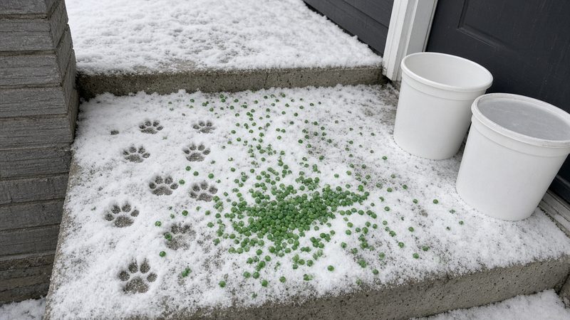 Green ice melt pellets and paw prints on a snowy front step, with two plain white tubs by the door, in Waukee, Iowa