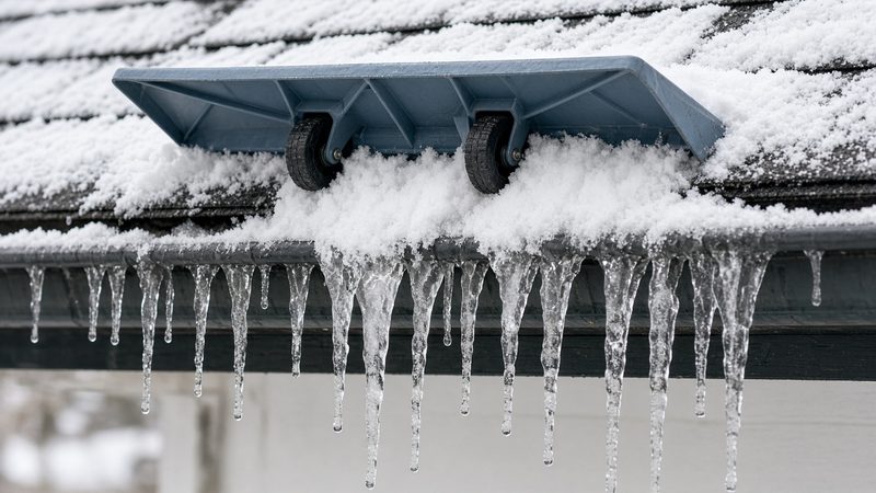 A blue-gray roof rake head with two wheels on a snowy roof edge above a row of icicles, in Waukee, Iowa