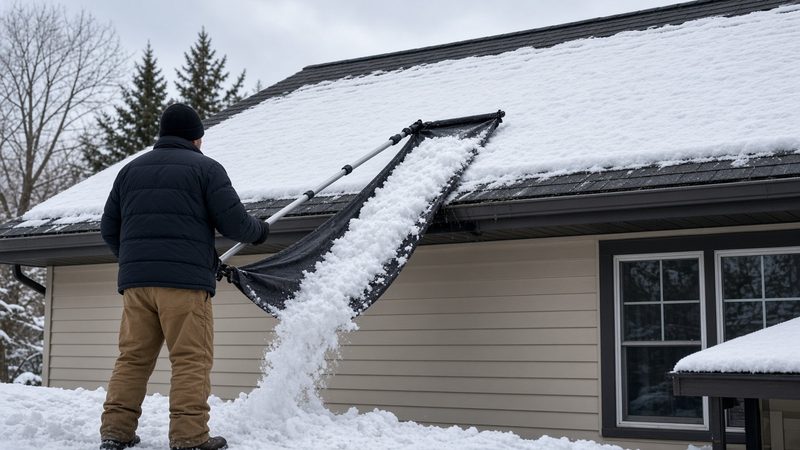 A person on the ground pulling a sheet of snow off a house roof with a long roof rake and fabric slide, in Waukee, Iowa