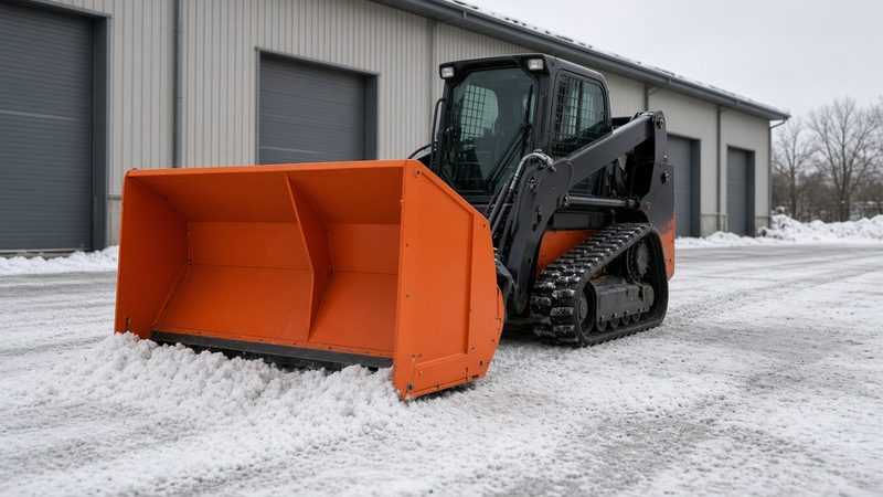 An orange snow pusher with tall side panels on a black tracked loader in front of a metal warehouse, in Waukee, Iowa