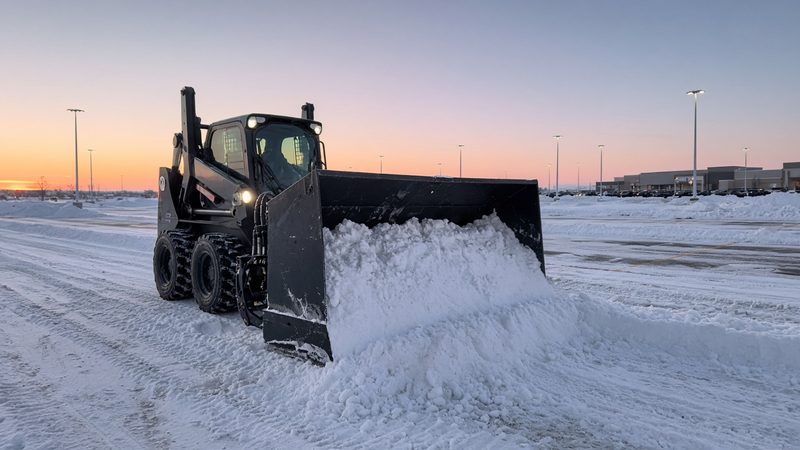 A black snow pusher box on a wheeled skid steer pushing snow across a big parking lot at dawn, in Waukee, Iowa