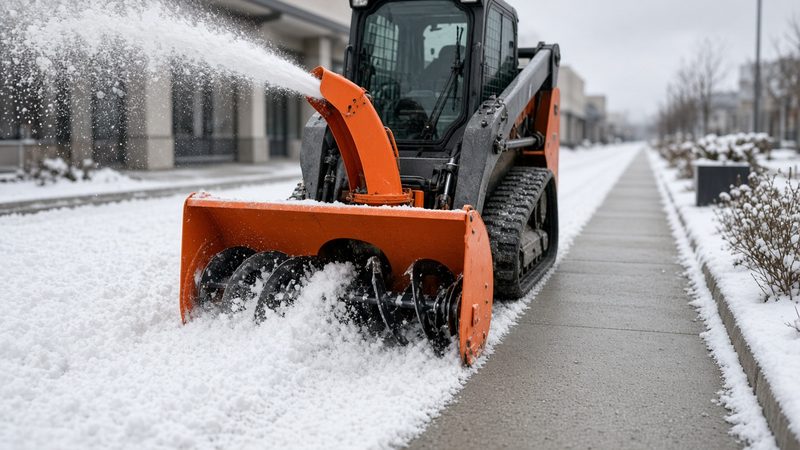 An orange snow blower attachment on a tracked loader throwing snow beside a long cleared sidewalk, in Waukee, Iowa