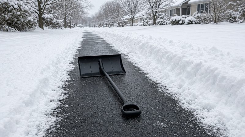 A black snow pusher lying on a freshly cleared strip of driveway between snowbanks, in Waukee, Iowa