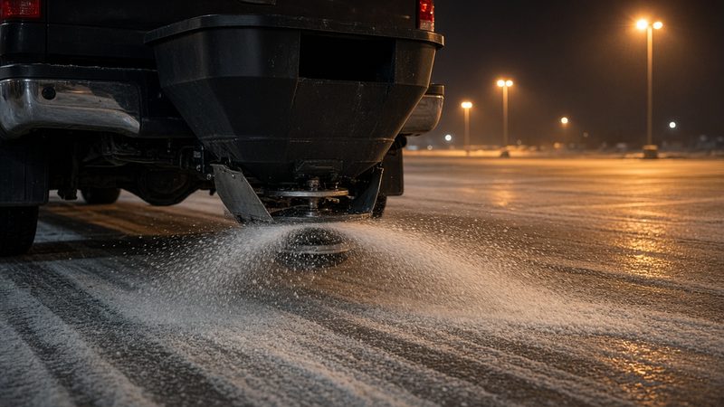 A black tailgate hopper on the back of a truck spreading salt across a parking lot at night, in Waukee, Iowa