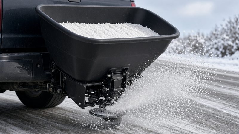 A black hopper full of salt on the back of a truck, with a spinner throwing salt onto a snowy road, in Waukee, Iowa