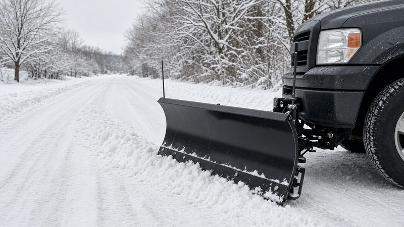 A black straight plow blade mounted on the front of a dark pickup on a snowy road, in Waukee, Iowa