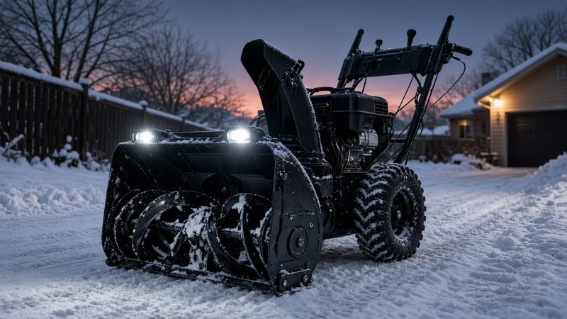 A black two-stage snow blower with its headlights on in a snowy driveway at dusk, in Waukee, Iowa