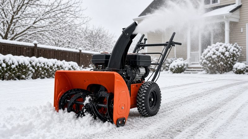 An orange two-stage snow blower throwing snow from its chute in a snowy front yard, in Waukee, Iowa