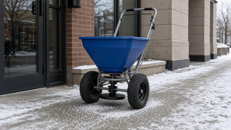 A blue walk-behind spreader with large tires on a salted storefront sidewalk, in Waukee, Iowa